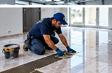 Technician installing contemporary floor tiles